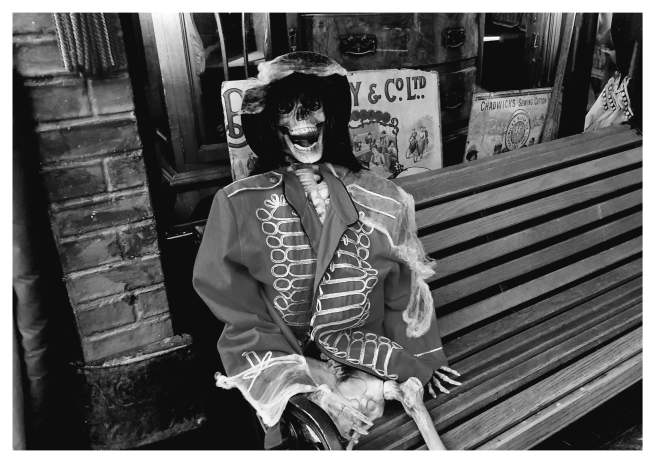 Photo of skeleton on a bench