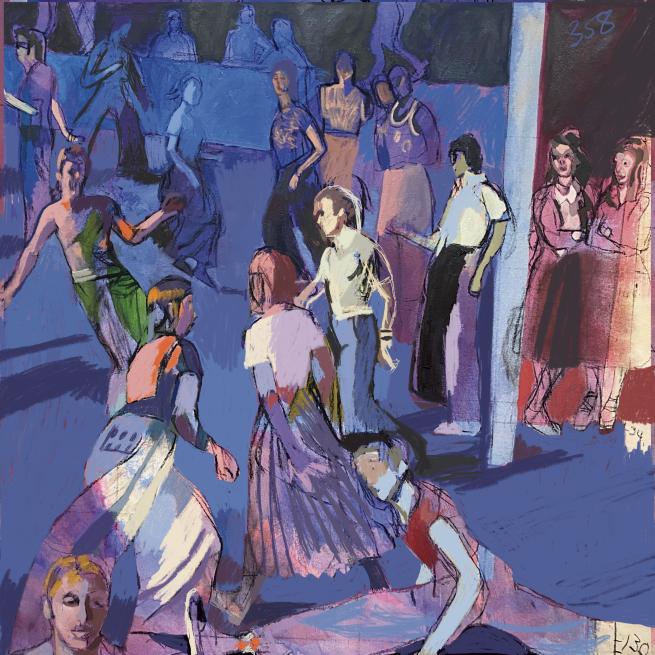 Northern Soul male and female dancers, wearing 1970s clothing. The colors are blues and purples.