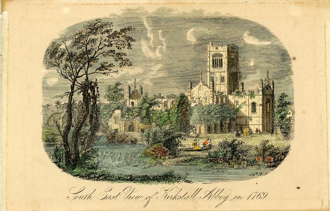 A colour print of a large Ciesterian monastery with bell tower (Kirkstall Abbey). Trees and a river are in the foreground, while people in boats row on the river.
