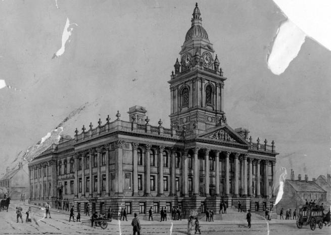 A graphic showing a black and white sketch of Morley Town Hall, in what looks to be the early 20th century. People are shown outside the hall going about their business in top hats and aprons. A yellow banner runs across the bottom with the white text 'Morley Town Hall Restoration Guided Tour'