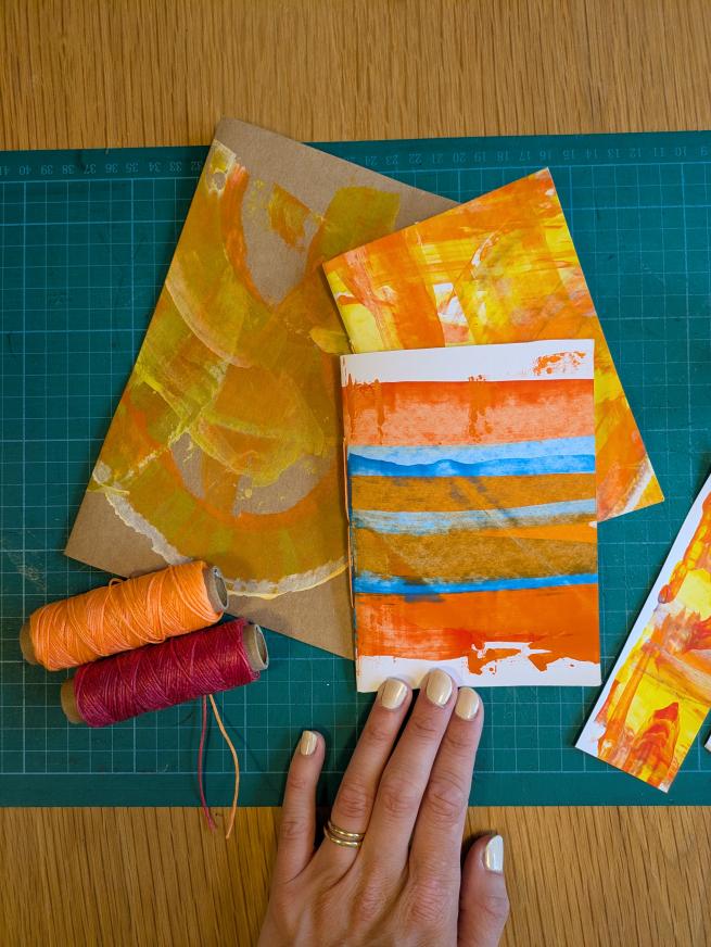 Painted papers, 2 mini notebooks and threads