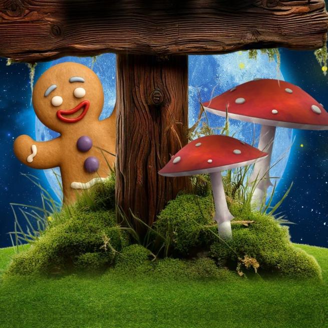 Animated image. A mossy wooden plank sign protrudes from messy grass and mushrooms, accompanied by a smiley gingerbread man with a moon and starry sky in the background. 