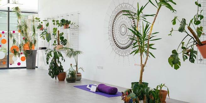 Yoga Hero's Studio One with a mat and props at the front