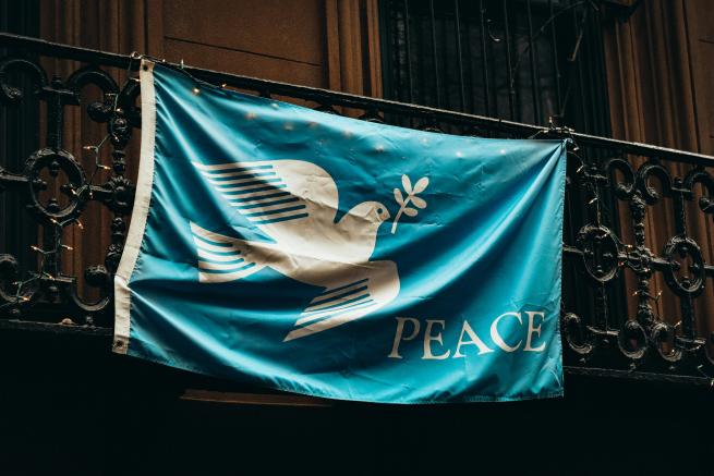 A green flag depicting a dove carrying an olive branch, above the word "peace"