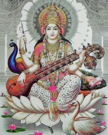 An image of Hindu Goddess Saraswati, seated on a lily pad and playing on a sitar, surrounded by swans and peacocks.
