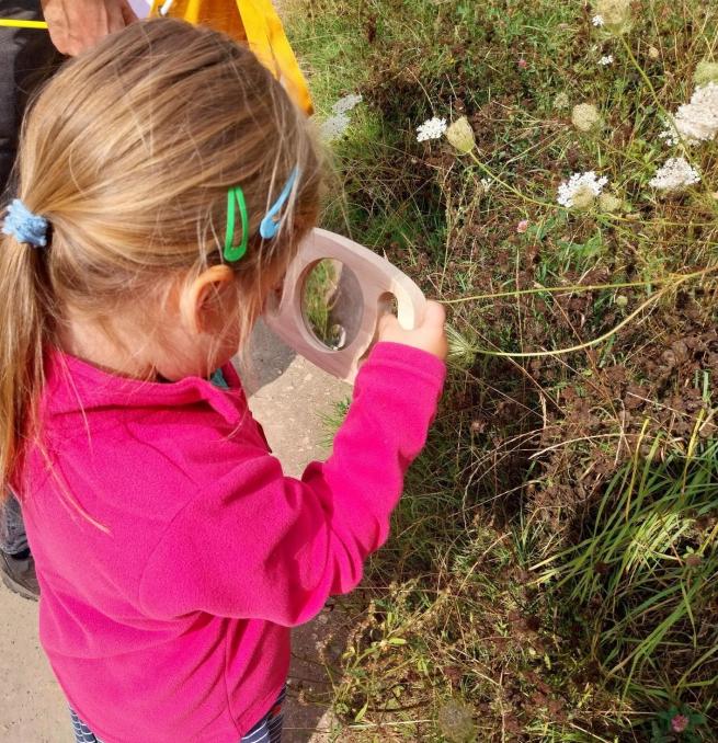Image shows a little girl looking at plants and insects using a magnifying glass to complete a nature quest mission