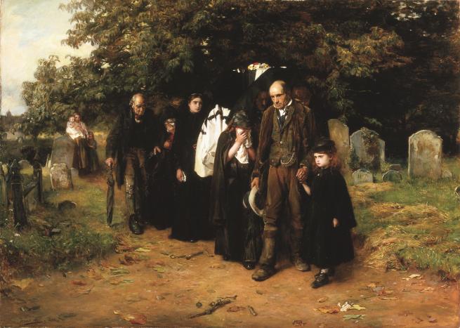 An image of a funeral procession in a church graveyard. Attendees including children dressed in Victorian attire, some in black mourning wear. This is a copy of Frank Holl's painting  'I Am The Resurrection And the Light'