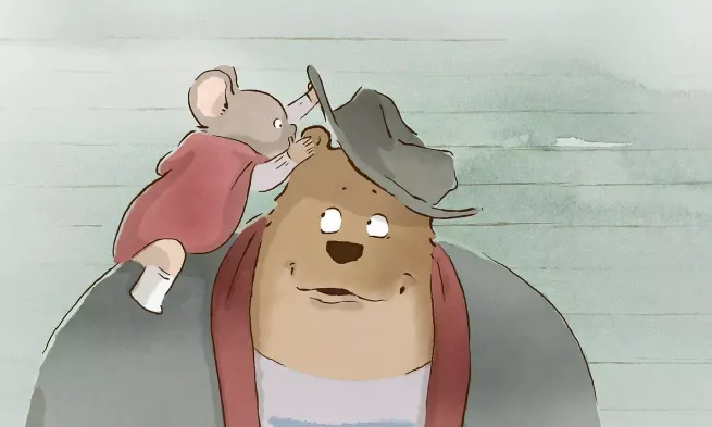 A cartoo mouse lifts up a bear's hat and whispers into their ear.