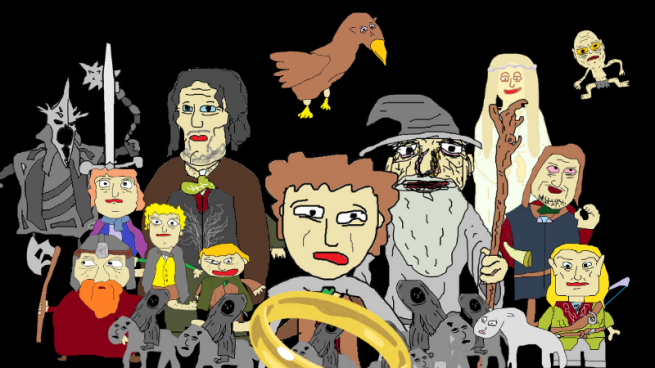 Crudely drawn Lord of the Rings characters assembled around Frodo who is gasping wearily at the One Ring.