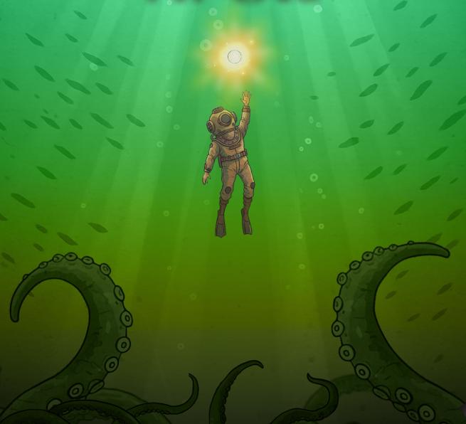 Illustration of an old time diver and tentacles below them