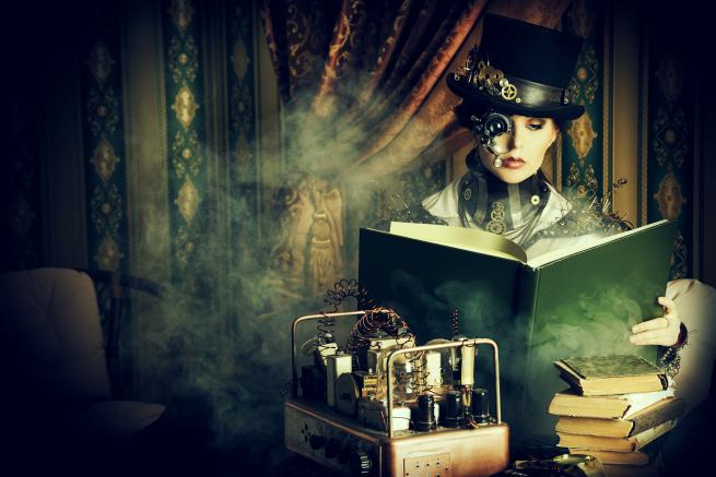 Image of a steampunk character reading a book