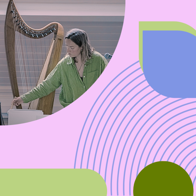 HARPIST WITH HARP SHAPES IN GREEN AND PINK