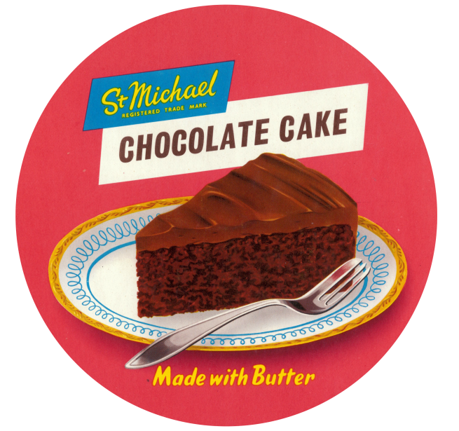 A colourful 1950s advert for chocolate cake