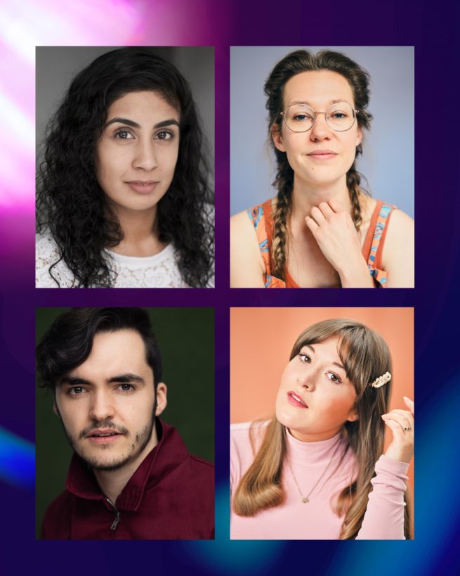 Headshots of Actors Purvi Parmar, Emilio Encinoso-Gil and Claire O'Connor, and Writer Alice Barber.