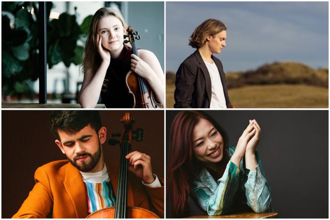 A photo of four musicians. 