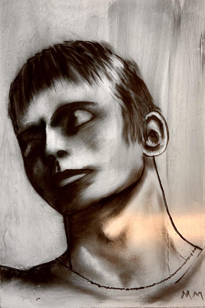 "Black and clear painted portrait on glass pane