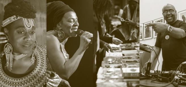 Picture of artists and book swap for the Mic Check! event; from left to right: Khadijah Ibrahiim, Paulette Morris, picture of books, DJ Fluid.