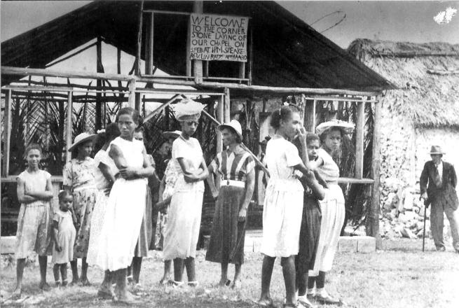 Black and white photograph from chapel stone-laying event