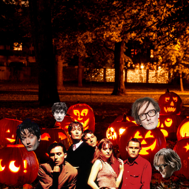 image of lit carved pumpkins with the band Pulp