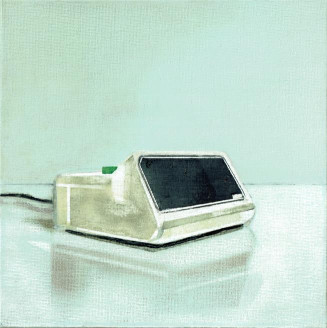 A painting by Richard Baker that depicts a small, vintage-style digital alarm clock with a tilted black screen and pale cream casing, set against a soft mint-green background. The object is placed on a reflective surface, giving the scene a quiet, contemplative feel.