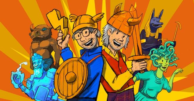 Two cartoon people stood back to back dressed in DIY Roman and Viking outfits with mythical creatures behind