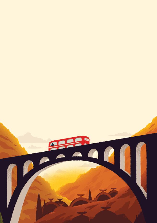 Illustration of a bus on a bridge