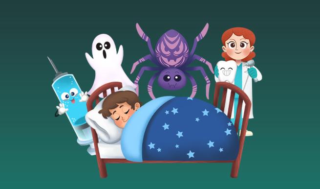 A cartoon of a child sleeping with a syringe, a ghost, a spider and a dentist looming over their bed.