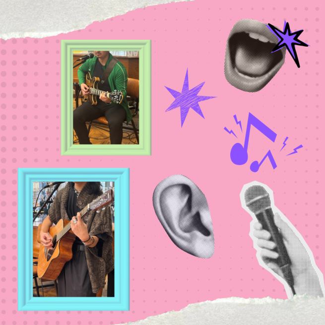 Pink background with various images of previous performers at an open mic. The images are in frames. 