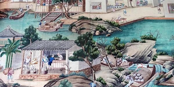 Chinese wallpaper showing a scene of tea production