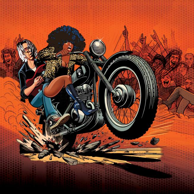 Illustration of the band riding a moter bike 