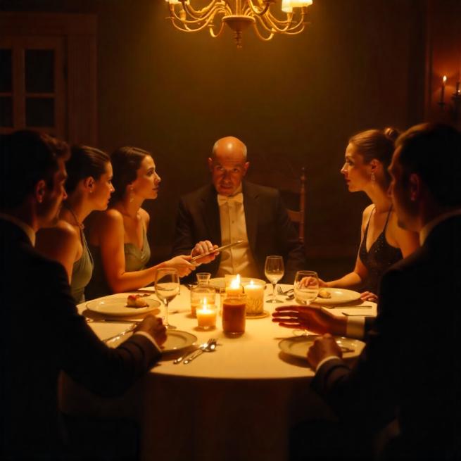 A group of people are sitting around a dinner table wearing evening dress. One is threatening another with a dagger