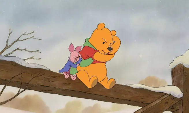 Piglet and Pooh sit on a fence holding their heads in beffudlement.