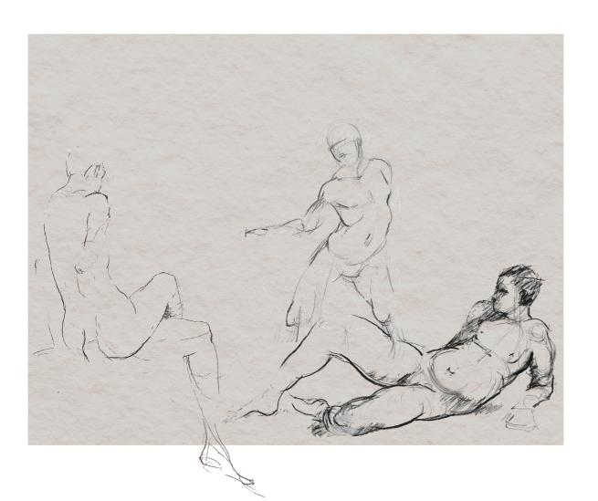 Life drawing sketch of three nude models in varied poses, created during a Northlight Arts Centre class in Leeds
