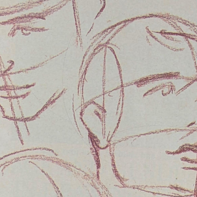 Drawing of two heads looking in opposite directions, in red pencil on beige paper