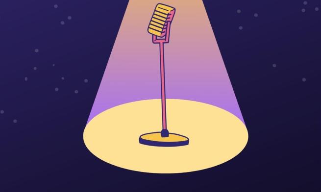 poster image of a mic and mic stand standing alone in a dark background, with only a long spotlight right above the mic and stand, showing it.