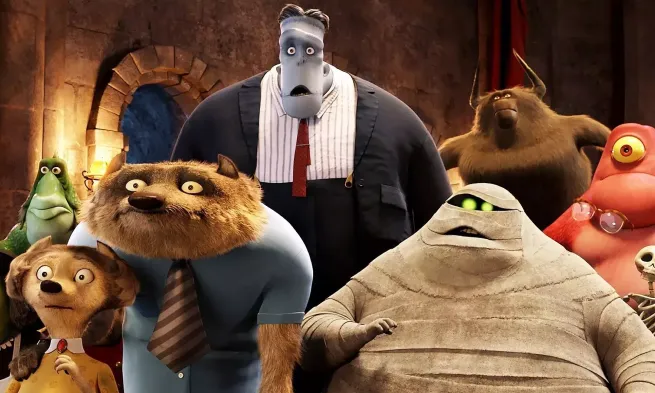 A group of cartoon monsters stare in shock at something off-camera.
