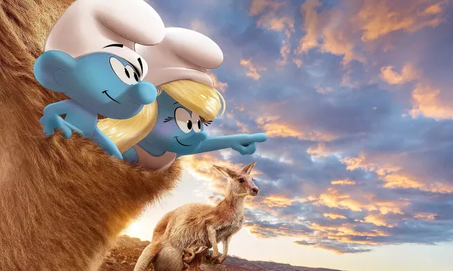 Two Smurfs sit in a kangaroos pouch. Another kangaroo stands in the background.