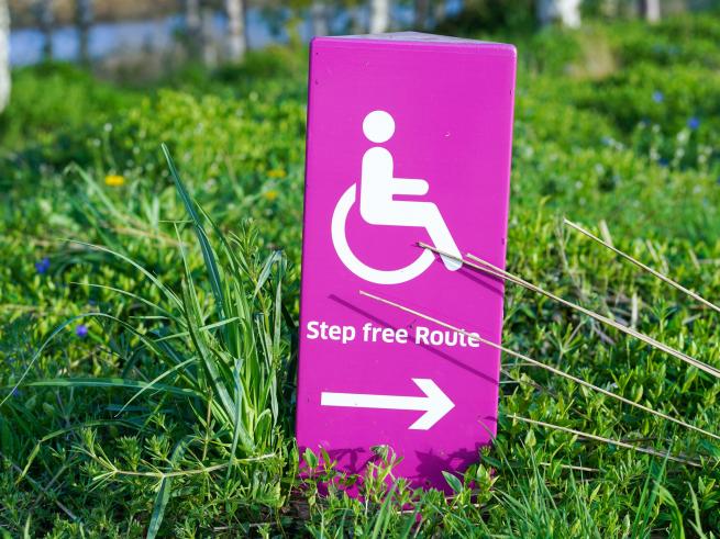 A purple sign showing a wheelchair icon and reading "step free route" sits on a patch of grass