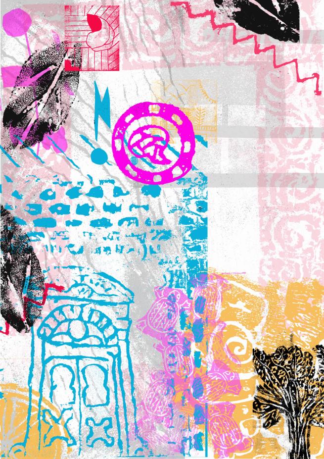 image of paint collage with blue door pink and black paint stamps and a red zigag