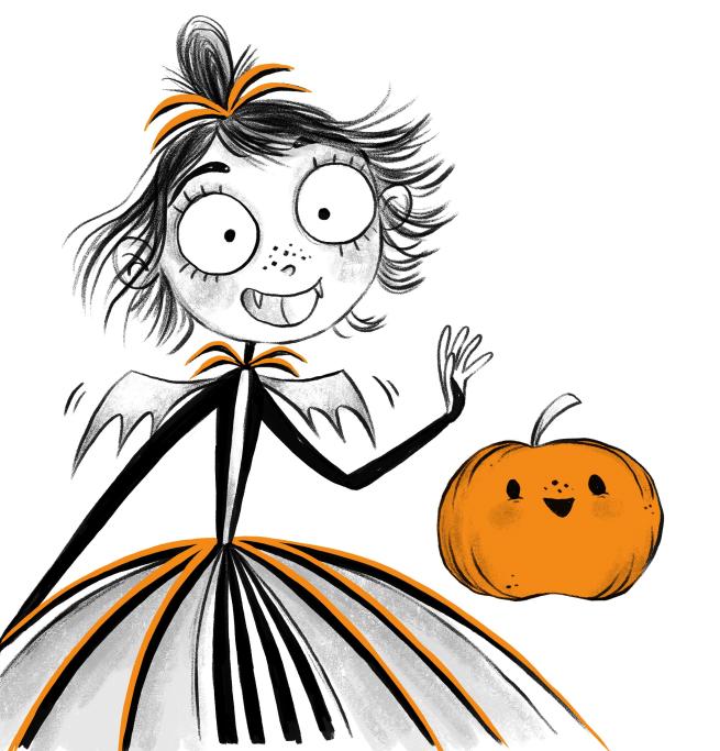 An illustration of young vampire Amelia Fang and a pumpkin with a smiley face