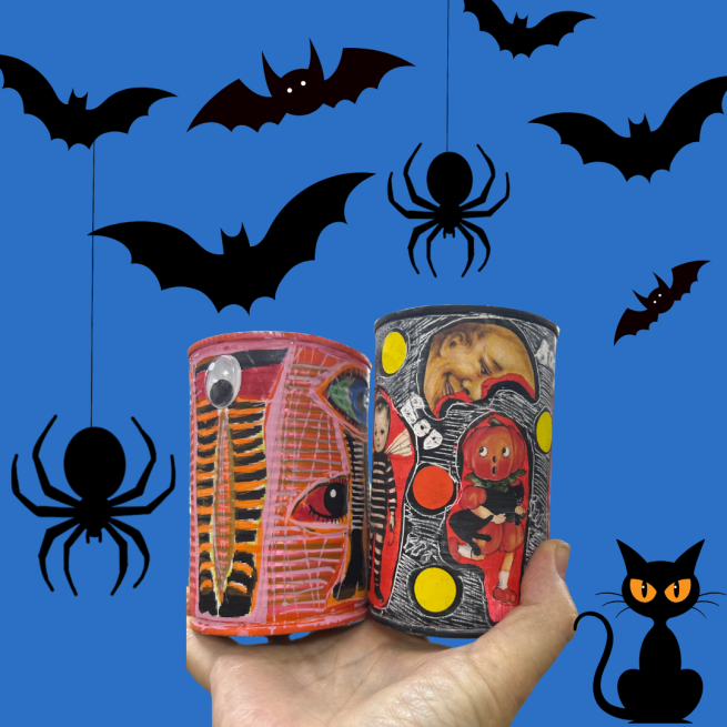 Recycled tins decorated with paint and collage for Halloween