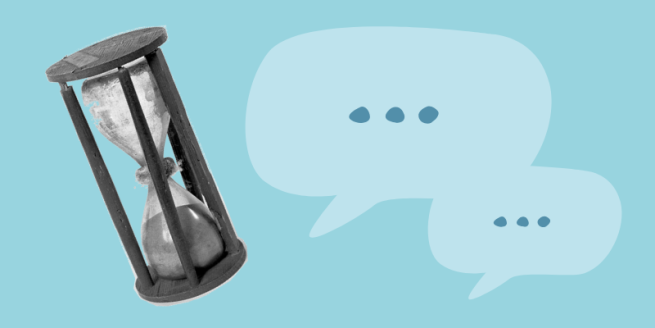 Georgian hourglass and two speech bubbles on a pale blue background