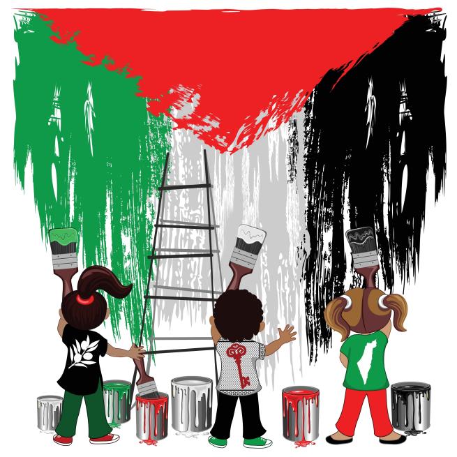A Street mural piece of three children painting the Palestinian flag in the wall. Wearing the Palestinian colors, Green,White,Black and Red. Their back of the t-shirts show 3 icons of Palestinian culture, the key to their land, an olive branch and the Palestinian map territory.