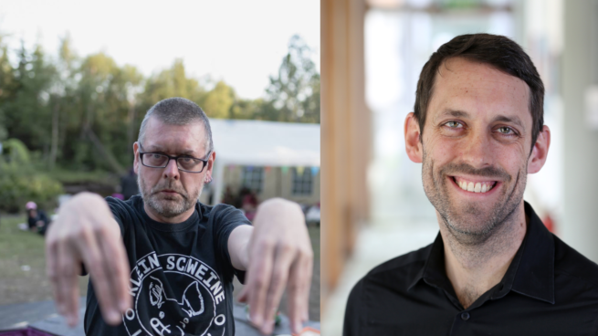 Two portraits of two men, on the left Dave Procter, hands outstretched and resembling pig's trotters. On the right Peter J Woods, academic portrait