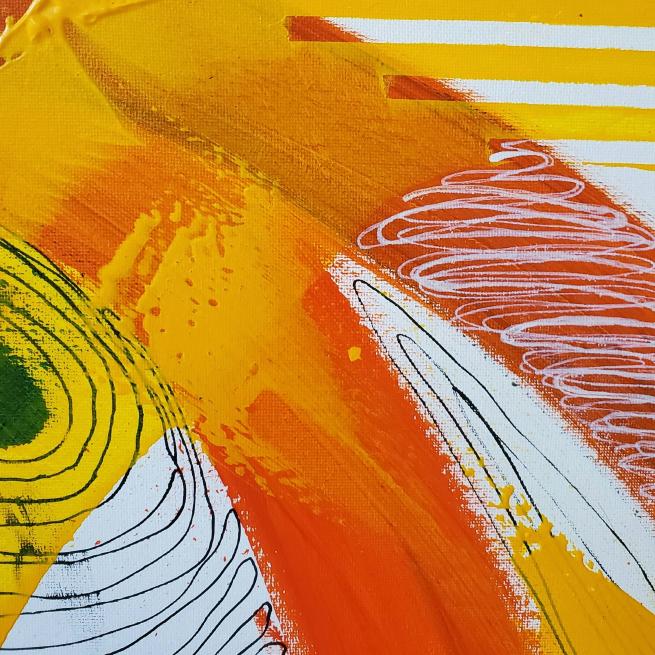 An abstract painting in yellows and oranges with black pen details.