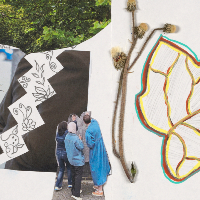 Collage of photographs and drawings of people, sculpture, plants and leaves, on white concertina pages
