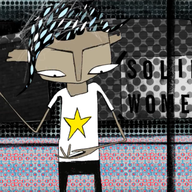 Animation still of a person on a train. Behind them, out of a window, is a poster with a feminist symbol and the message 'Solidarity Women's Aid'.