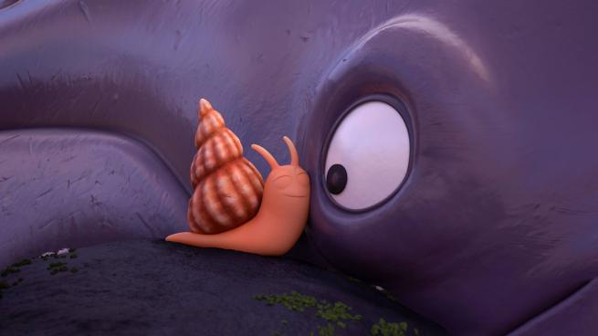 Smiling snail with eyes closed sitting on whale's face with big eye next to it.