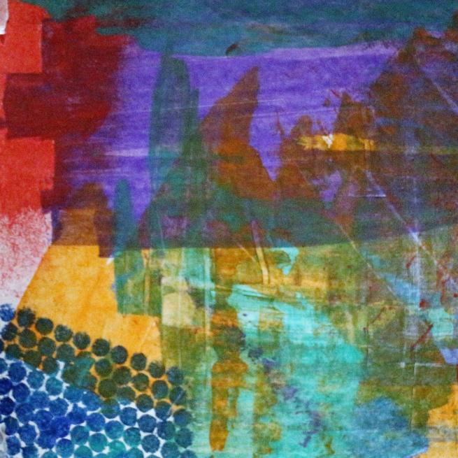 An abstract piece of work in reds, blues and purples.