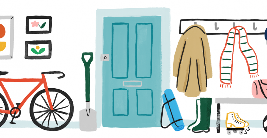 an illustration of various health equipment in a hallway